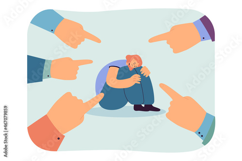 Hands with index fingers pointing at depressed woman. People criticizing girl with psychological problems flat vector illustration. Social stigma concept for banner, website design or landing web page