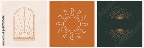 Mystic linear set template logo wich geometric sunset, arches abstract in trendy linear minimal esoteric style. Celestial and magical abstract print.