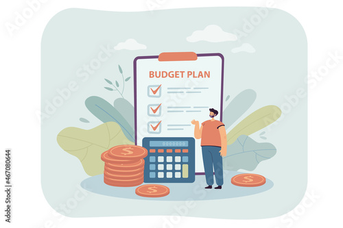 Tiny cartoon man with budget plan on clipboard and calculator. Businessman planning company budget, managing taxes flat vector illustration. Finances, financial management concept for banner