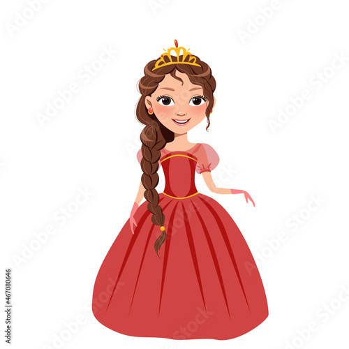 A little princess in a red dress and with a golden tiara. Cute vector illustration for children's room, print, fashion print