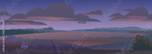 Night rural landscape. Sun has recently set in evening. View of farm garden fields and hills. Flat style cartoon design. Beautiful dark suburban scene. Vector
