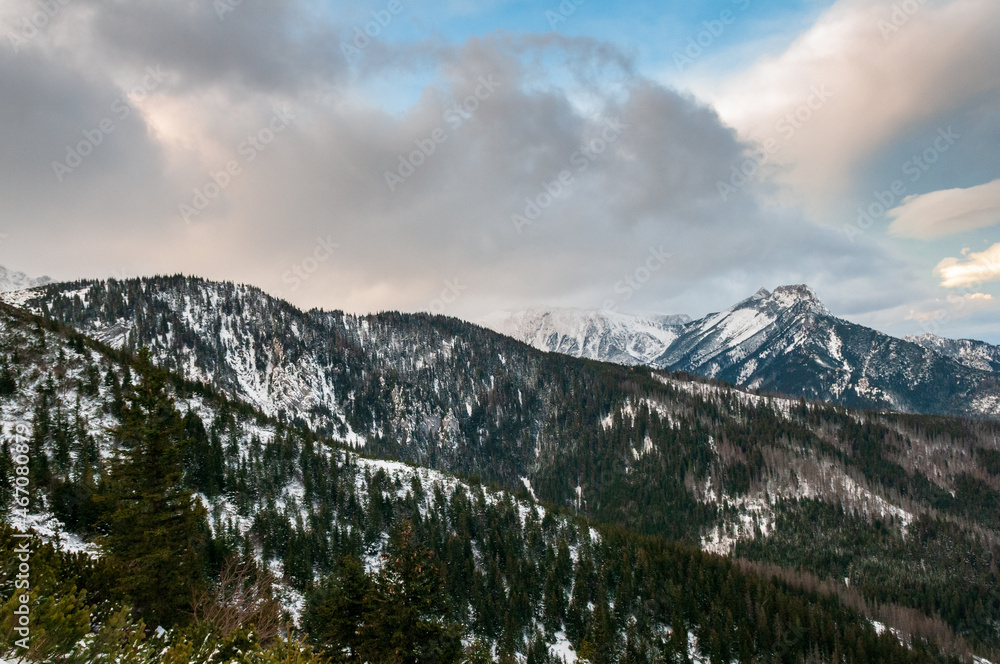 View of Giewont Mountain in winter in the Tatra Mountains.