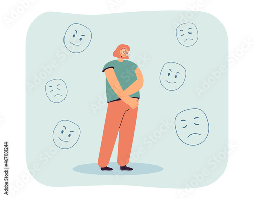 Depressed woman surrounded by masks with different emotions. People wearing masks flat vector illustration. Psychological or mental state concept for banner, website design or landing web page