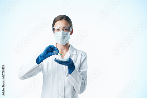 female doctor chemical solutions biologist research study isolated background
