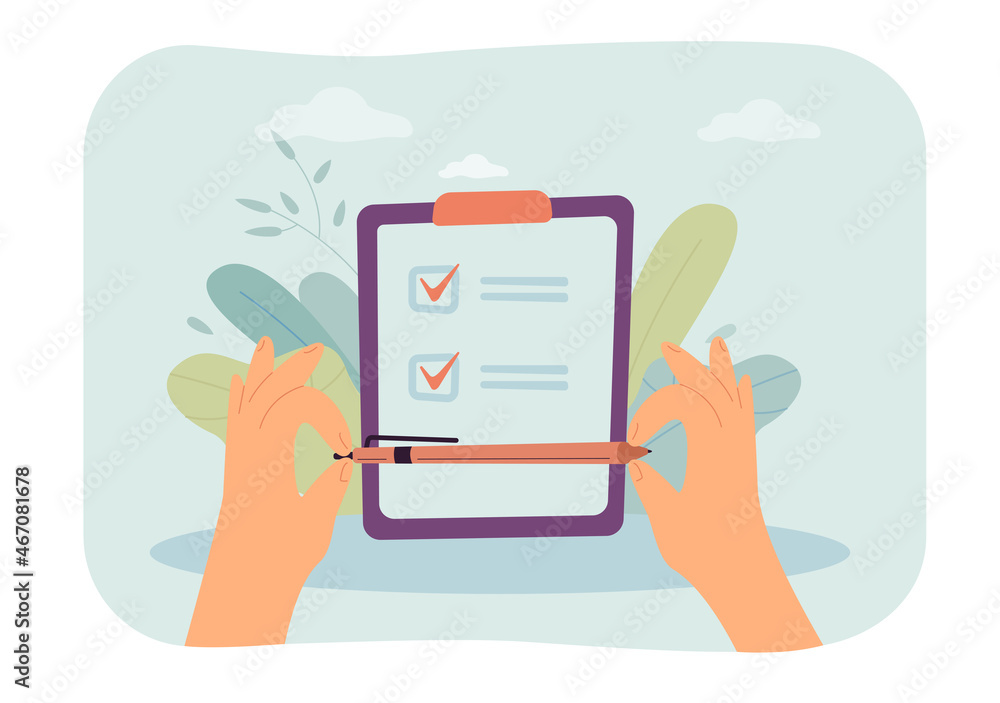 Hands holding pen and filling in application form or questionnaire. Person filling out checklist on clipboard flat vector illustration. Survey concept for banner, website design or landing web page Hands holding pen and filling in application form or questionnaire. Person filling out checklist on clipboard flat vector illustration. Survey concept for banner, website design or landing web page