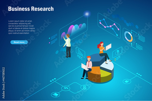 Business team analysing growth graph marketing charts on virtual digital screen. Global network connection technology and data storage for business concept. 3D isometric.