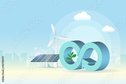 Circular economy logo with wind turbines and solar panel in city building background. For sustainable strategy goal of eliminate waste and pollution, renewable and reuse natural resources.