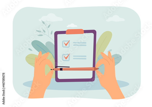 Hands holding pen and filling in application form or questionnaire. Person filling out checklist on clipboard flat vector illustration. Survey concept for banner, website design or landing web page