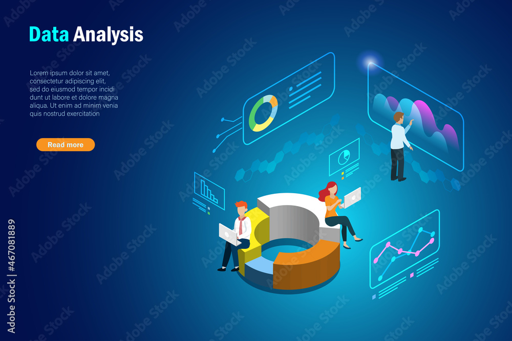 Business team analysing growth graph marketing charts on virtual digital screen. Global network connection technology and data storage for business concept. 3D isometric. Business team analysing growth graph marketing charts on virtual digital screen. Global network connection technology and data storage for business concept. 3D isometric.