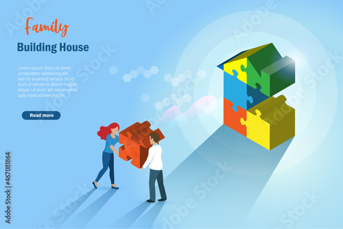 Family couple building home together with jigsaw puzzle piece.  Home loan mortgage, refinance, real estate investment and property insurance concept. Isometric 3D vector.