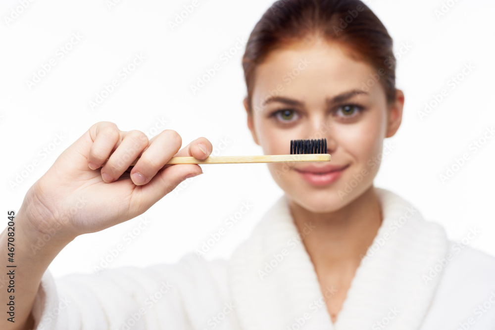 cheerful woman in white coat toothbrush dental health hygiene cheerful woman in white coat toothbrush dental health hygiene