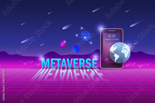 Metaverse, virtual reality and augmented reality technology, user interface 3D experience. Computer generated word metaverse on smart phone in virtual space and universe environment.