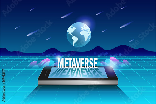 Metaverse, virtual reality and augmented reality technology, user interface 3D experience. Computer generated word metaverse on smart phone in virtual space and universe environment.