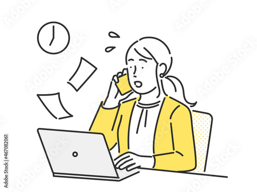 ノートパソコンで忙しく仕事をしている女性会社員のイメージイラスト素材
