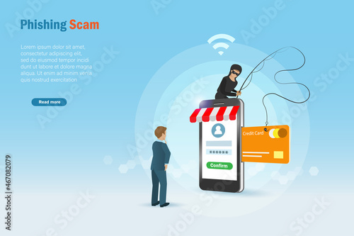 Phishing scam, hacker attack. Scammer online phishing credit card password from businessman account..