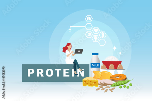 Nutritionist and healthy protein foods product for cooking and eating.  Laboratory research on Protein foods nutrition facts concept.