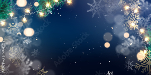 Happy holidays and a prosperous new year! golden christmas stars decorate blue background elegant greeting card with light effect celebration background template with ribbon