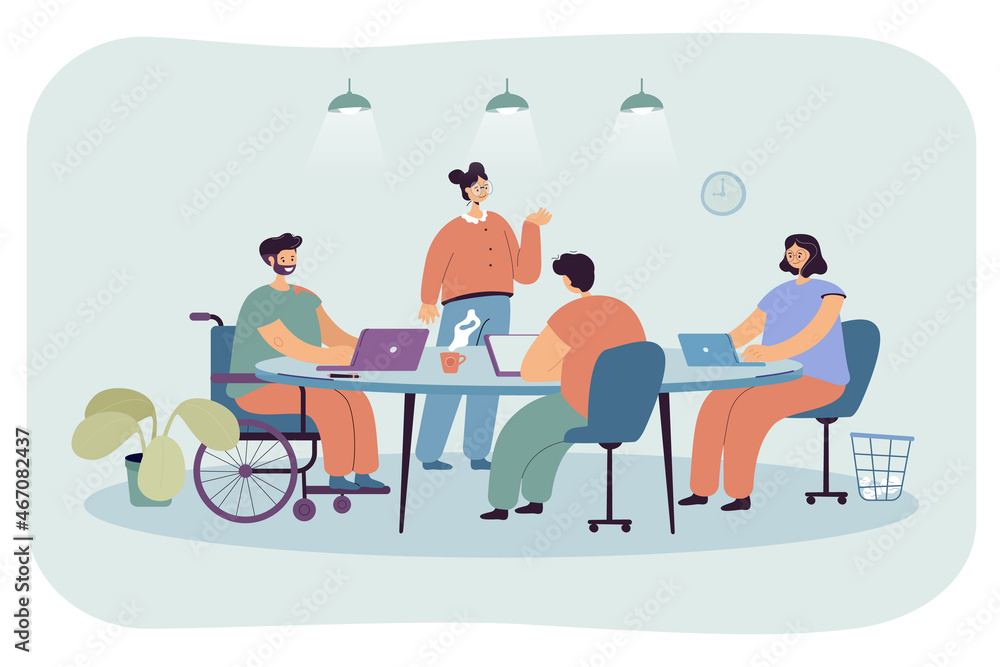 Person in wheelchair talking to colleagues at workplace. Group of office workers sitting at table, man with disability flat vector illustration. Accessibility, inclusion concept for banner