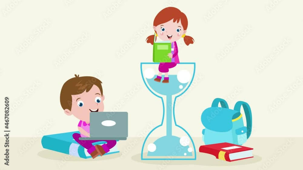 Two cute kids learning together near the hourglass Two cute kids learning together near the hourglass