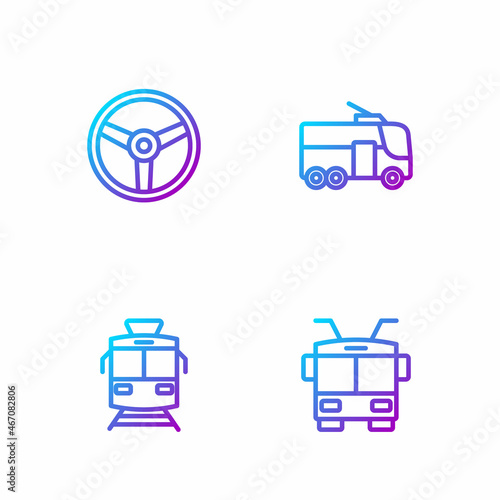 Set line Trolleybus, Tram and railway, Steering wheel and . Gradient color icons. Vector