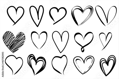 Heart vector set hand drawn. Black ink heart shape doodle art scratch  scribble sketch. love symbol brush stroke, Element graphic design valentine, wedding, marriage, romantic , celebration, eps 10
