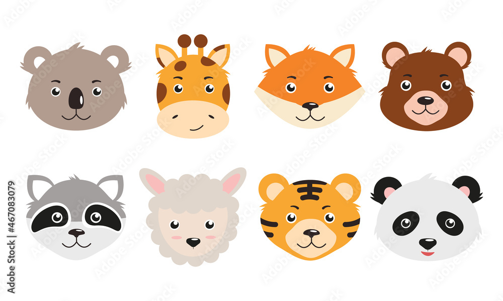 Fototapeta premium Set of cute smiling animals. Cartoon zoo. Giraffe, llama, tiger, bear, fox, koala, panda, raccoon. Vector illustration 