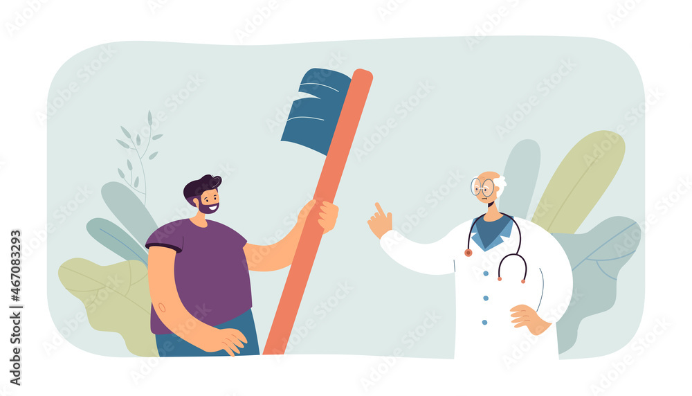 Tiny man holding toothbrush and doctor pointing at it. Dentist giving consultation to patient flat vector illustration. Stomatology, healthcare concept for banner, website design or landing web page Tiny man holding toothbrush and doctor pointing at it. Dentist giving consultation to patient flat vector illustration. Stomatology, healthcare concept for banner, website design or landing web page
