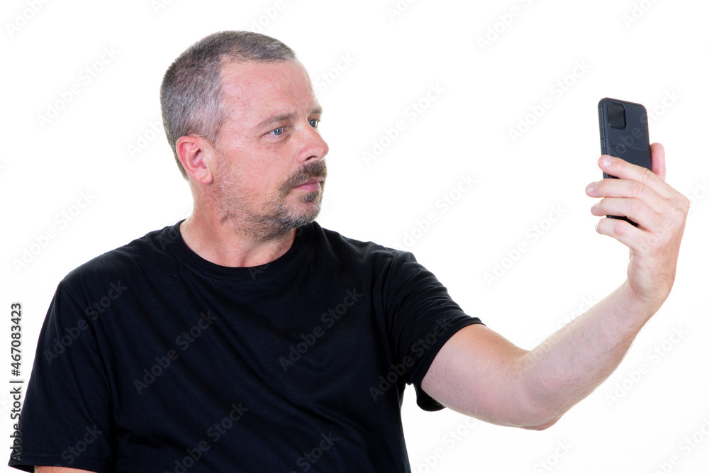 man handsome making smartphone selfie with cellphone over isolated white background middle aged portrait man handsome making smartphone selfie with cellphone over isolated white background middle aged portrait