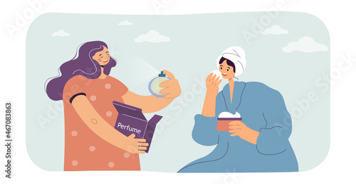 One woman using facial perfume water and another putting on face cream. Home spa day flat vector illustration. Beauty, cosmetics, home skincare concept for banner, website design or landing web page