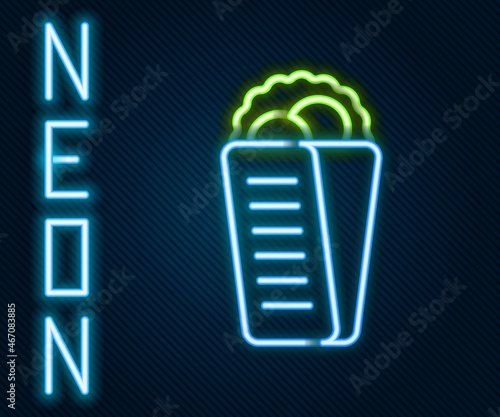 Glowing neon line Gyros Pita Greek fast food traditional cuisine icon isolated on black background. Gyro with greek salad in tzatziki sauce wrapped sandwich. Colorful outline concept. Vector