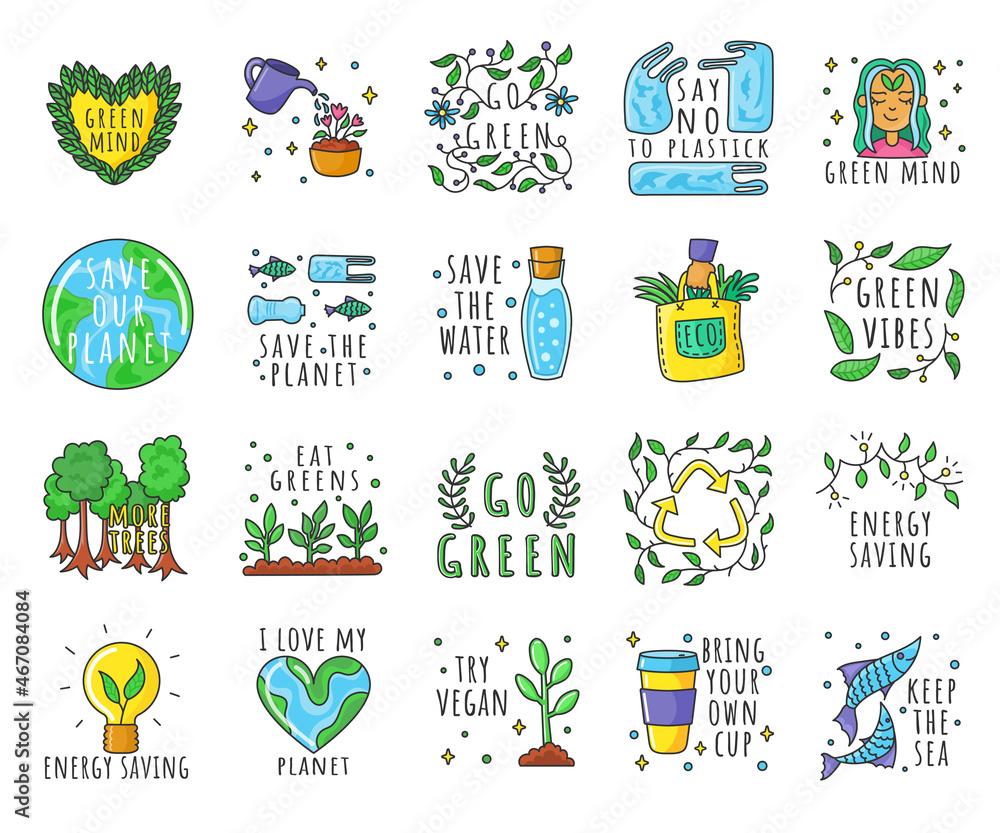 Cute ecology sticker set. Environmental emoticons, person with green mind, go vegan, save Earth or planet, recycle symbol vector illustrations isolated on white background. Nature, environment concept