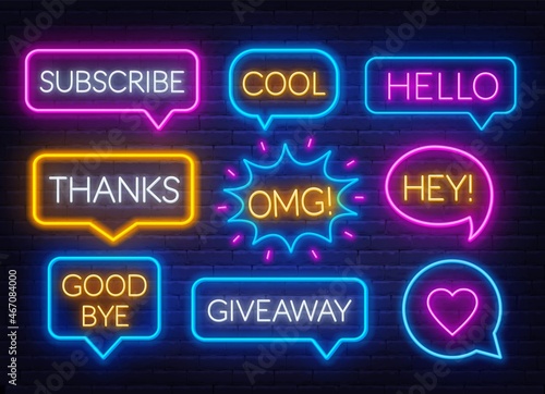 Set of neon speech bubbles signs subscribe, omg, hello, giveaway, cool, goodbye, thank you, like.