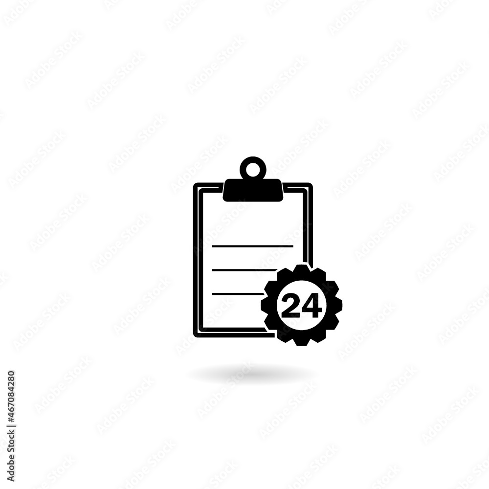 Checklist clipboard with 24 hours service icon with shadow isolated on white background Checklist clipboard with 24 hours service icon with shadow isolated on white background