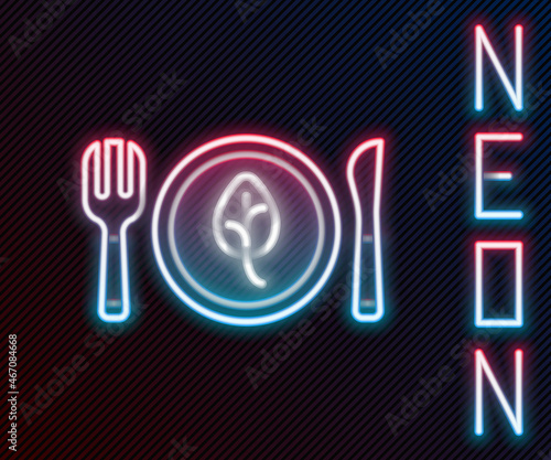 Glowing neon line Vegan food diet icon isolated on black background. Organic, bio, eco symbol. Vegan, no meat, lactose free, healthy, fresh and nonviolent food. Colorful outline concept. Vector