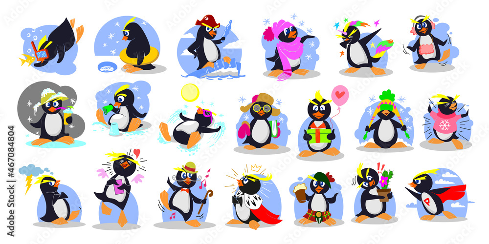 Cute little penguin cartoon character sticker set. Funny wild animal in different actions, playing with snow and ice vector illustrations isolated on white background. Winter, Christmas concept
