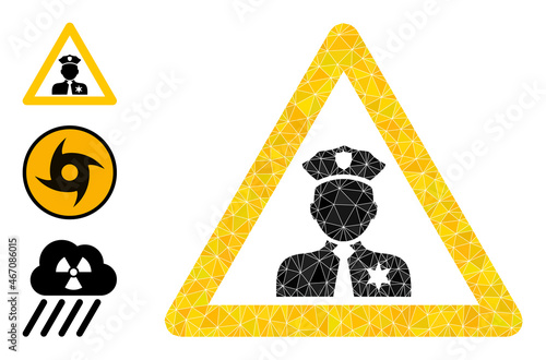 lowpoly policeman warning icon, and other icons. Polygonal policeman warning vector is designed of chaotic triangles. Flat geometric lowpoly symbol is designed by policeman warning pictogram.