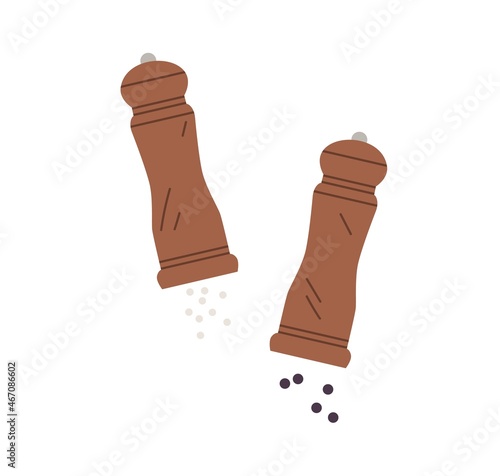 Salt shaker and black pepper mill with sprinkling seasonings. Wood bottles and grinders for condiments. Spices in saltshaker and peppermill. Flat vector illustration isolated on white background