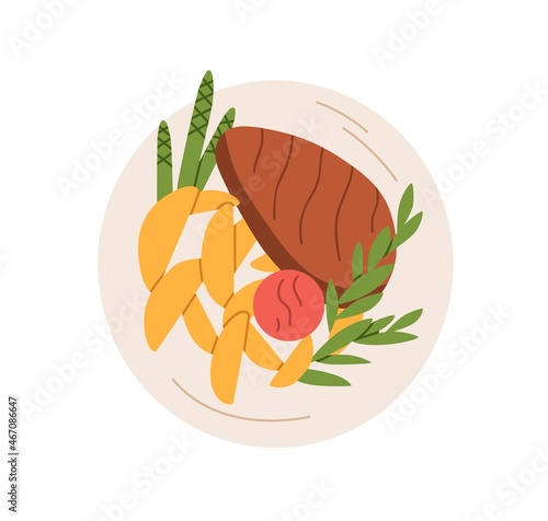 Meat and chips dish served on plate. Dinner meal with beef steak, potato wedges and asparagus. Top view of tasty food with vegetables and greens. Flat vector illustration isolated on white background
