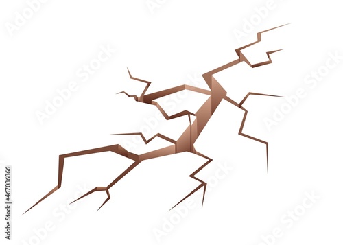 Cracked ground with hole after earthquake destruction. Broken earth surface with fractures and clefts. Crashed destroyed land. Flat vector illustration of crevice isolated on white background