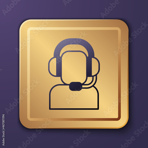 Purple Man with a headset icon isolated on purple background. Support operator in touch. Concept for call center, client support service. Gold square button. Vector