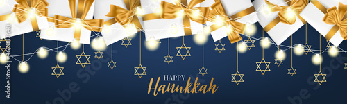 Happy Hanukkah. Traditional Jewish holiday. Chankkah banner or website header background design concept. Judaic religion decor with white luxury gift boxes with golden ribbon. Vector illustration.