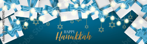 Happy Hanukkah. Traditional Jewish holiday. Chankkah banner or website header background design concept. Judaic religion decor with white luxury gift boxes with blue ribbon. Vector illustration.