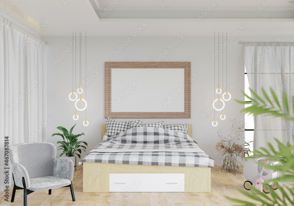 3D illustration Mockup photo frame in bedroom, rendering 3D illustration Mockup photo frame in bedroom, rendering