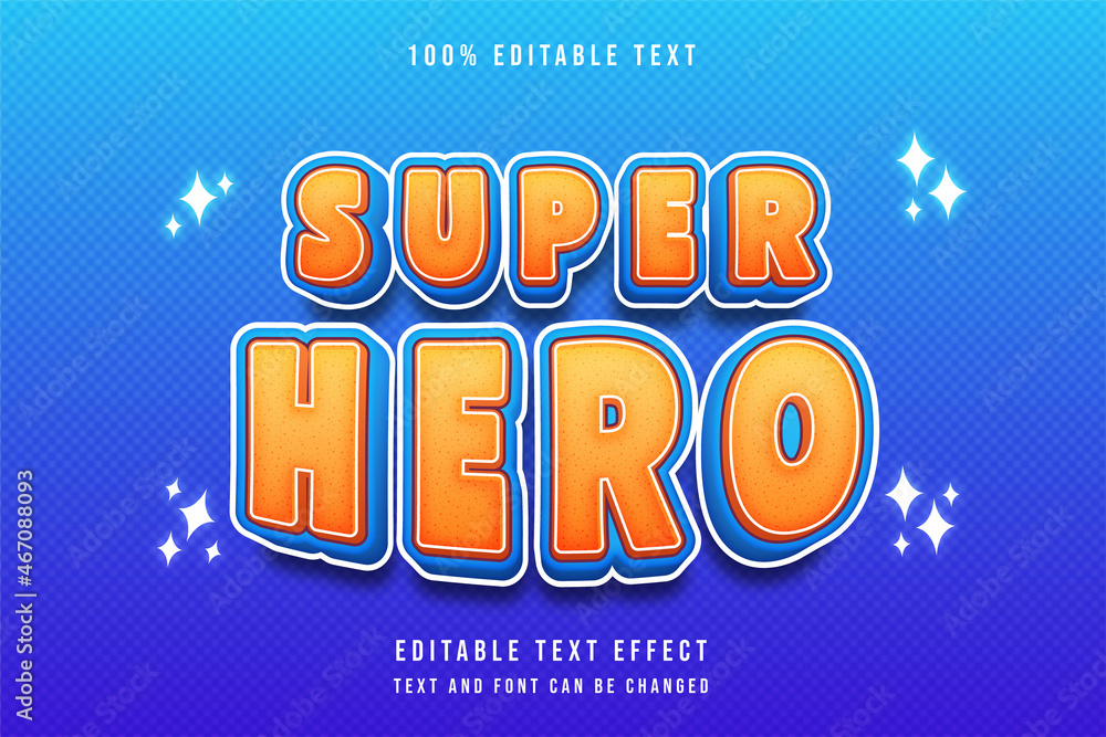 Super hero,3 dimensions editable text effect orange gradation yellow blue modern comic style