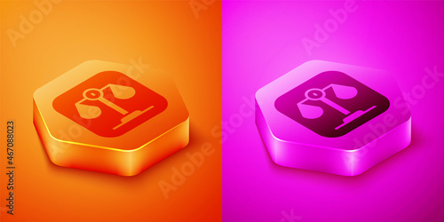Isometric Scales of justice icon isolated on orange and pink background. Court of law symbol. Balance scale sign. Hexagon button. Vector