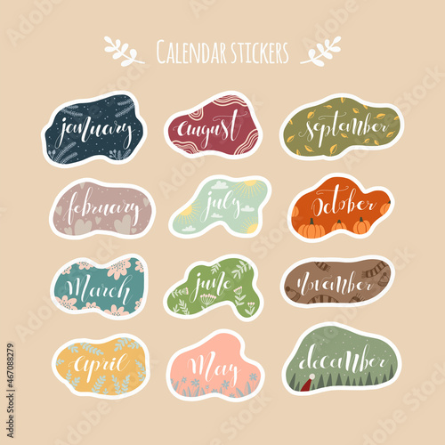 Calendar stickers with months lettering on seasonal backgrounds isolated elements
