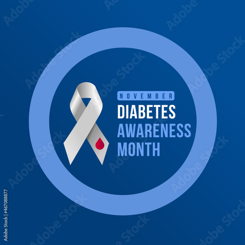 world diabetes day text and grey diabetes awareness ribbon with drop of red blood in blue circle symbol vector design