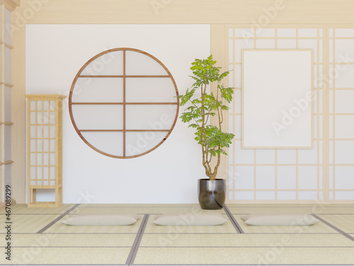 3D illustration mockup frame in japanese style room photo