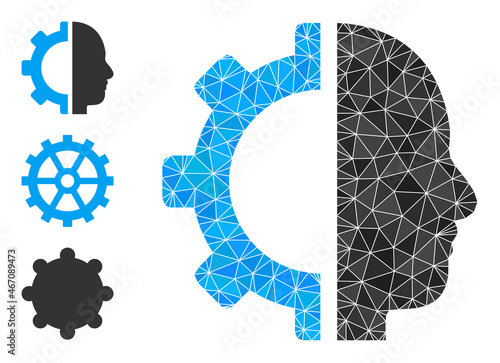 Low-poly cyborg gear icon, and bonus icons. Polygonal cyborg gear vector is constructed from random triangles. Flat geometric 2d modeling illustration is based on cyborg gear icon.