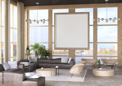 3D illustration Mockup photo frame in living room rendering